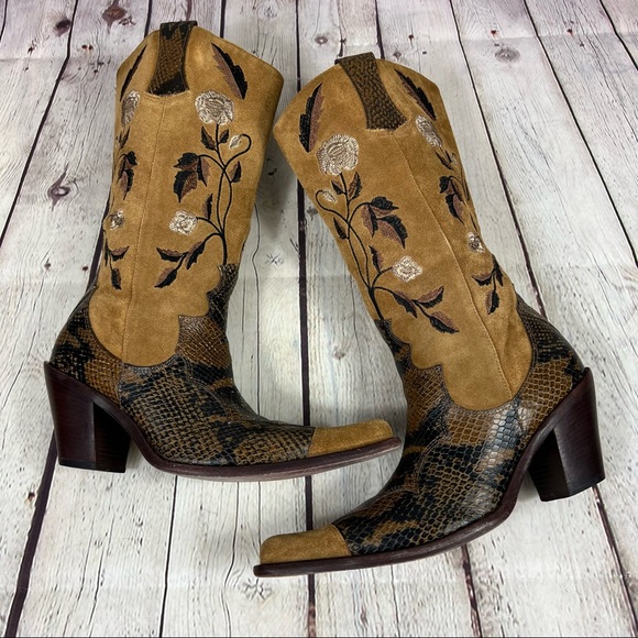 Antonio Melani Brown Suede and Snakeskin Floral Embroidery Heeled Cowboy Boots - Picture 5 of 16
